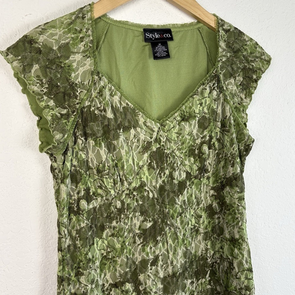 Vtg Size M Babydoll Blouse Fairy Y2k 2000s Grunge Boho Green Lace Short Sleeve